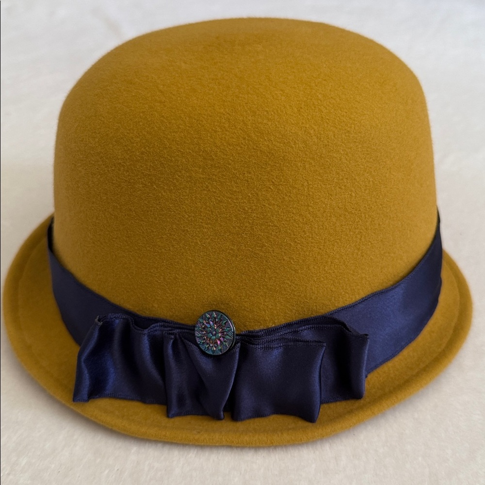 {VTG} Linda Campisano | Felt Cloche Ribbon Trimmed Hat Mustard Yellow/Purple - Picture 3 of 11